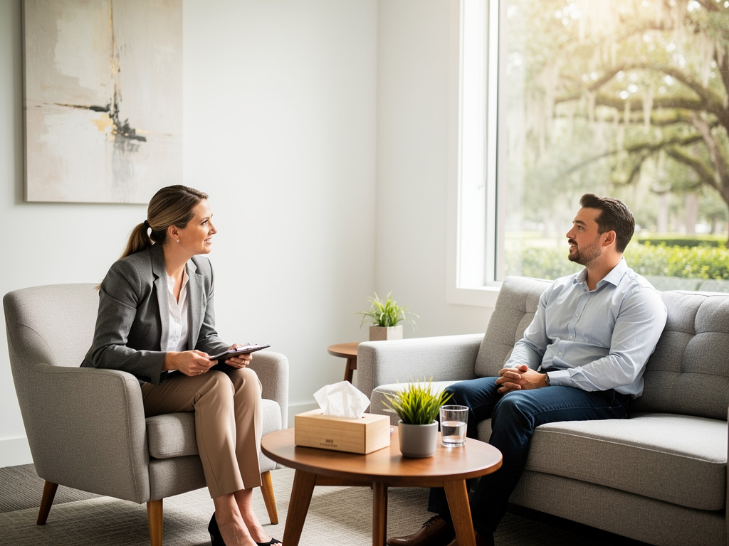 Therapist consulting with male client in a bright modern counseling office