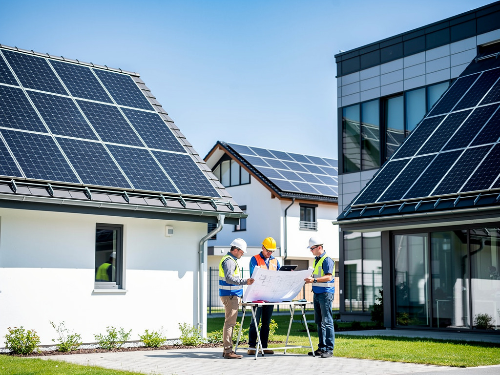 Técnicos revisan planos entre viviendas modernas con paneles solares en los tejados