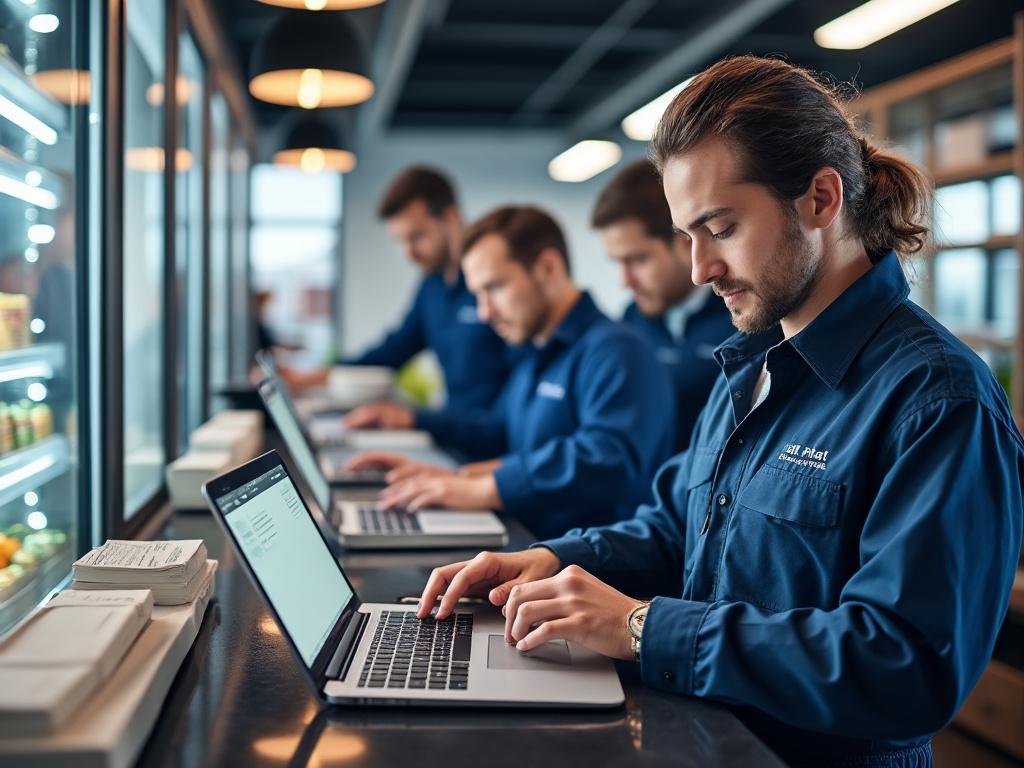 Trabajadores en uniforme azul usando computadoras portátiles en un entorno de oficina moderno.