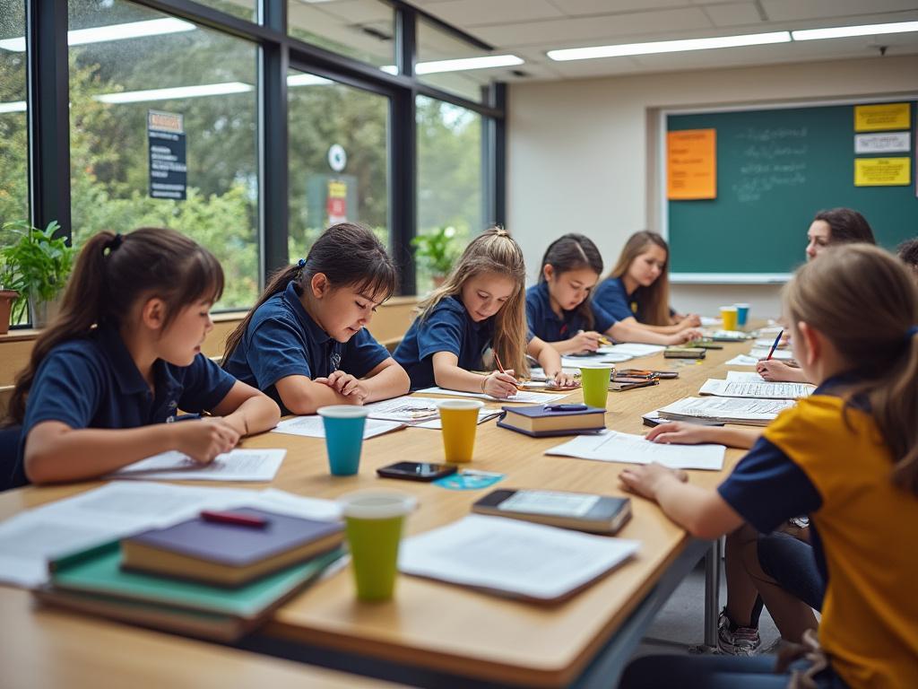 Niños en uniforme escolar estudiando en un aula iluminada con grandes ventanas y una pizarra verde al fondo.