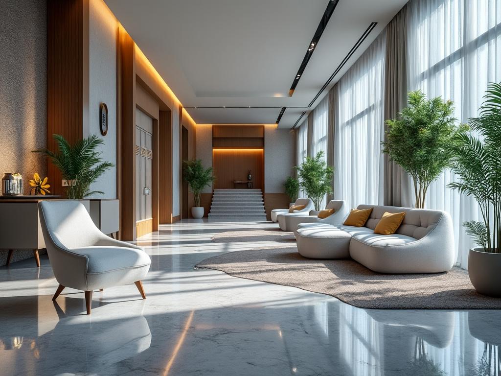 Elegante sala de estar con sillones blancos, cojines amarillos, plantas verdes y ventanas altas que dejan entrar luz natural.