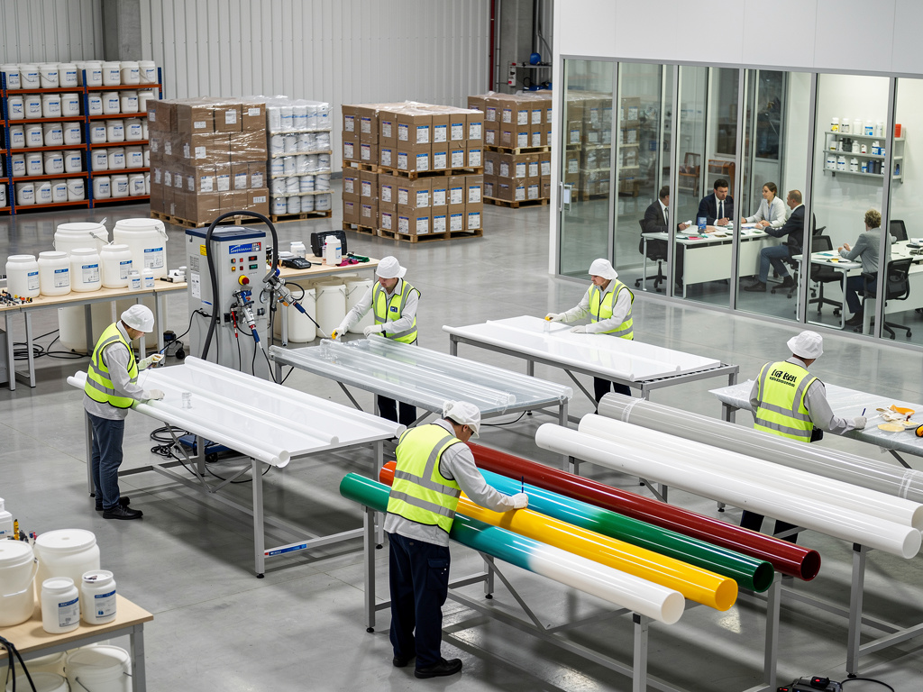 Trabajadores fabrican tubos de plástico de colores en una planta industrial con almacén y oficina de reuniones