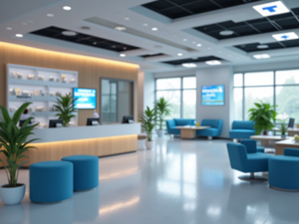 Moderna sala de espera de oficina con muebles azules, plantas decorativas y recepción iluminada.