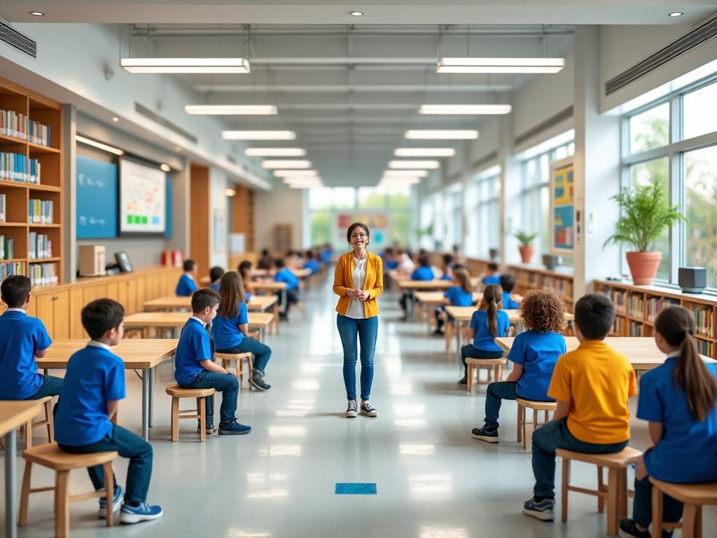 Aula de una escuela con niños uniformados sentados y maestra al frente, iluminación natural y estantes de libros.