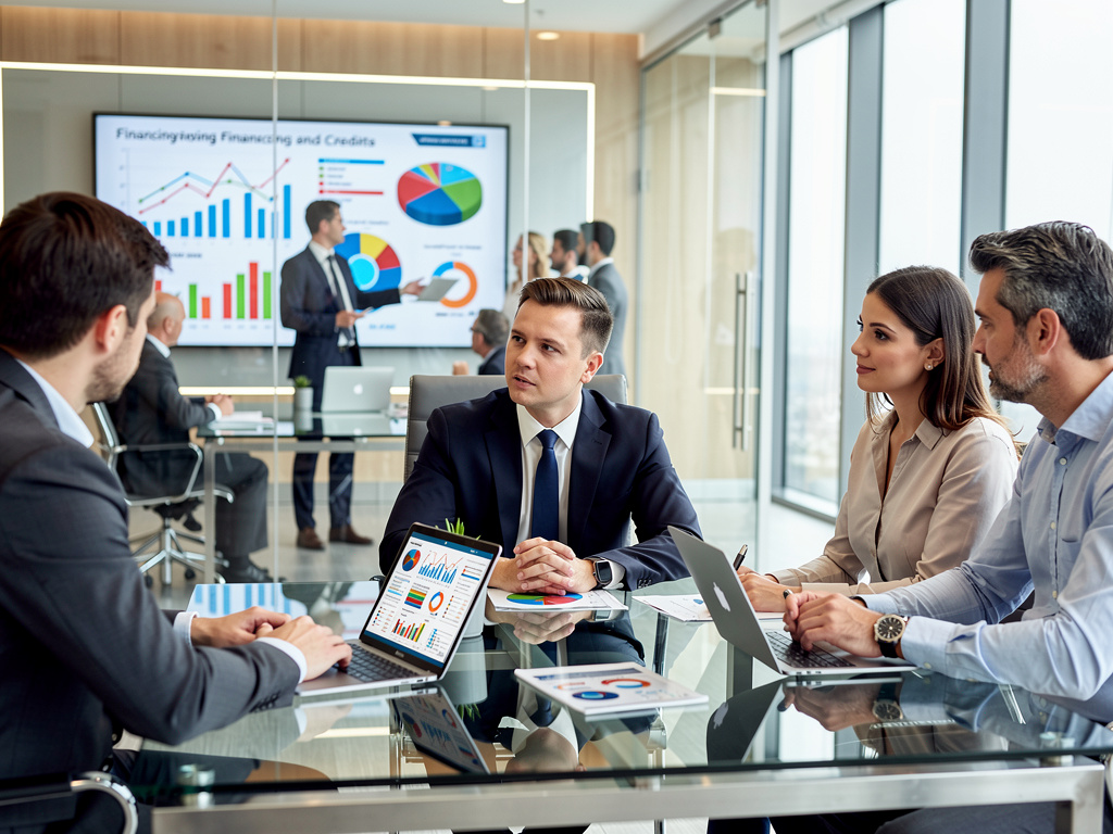 Reunión de negocios en oficina moderna con equipo analizando gráficos financieros en portátiles y pantalla