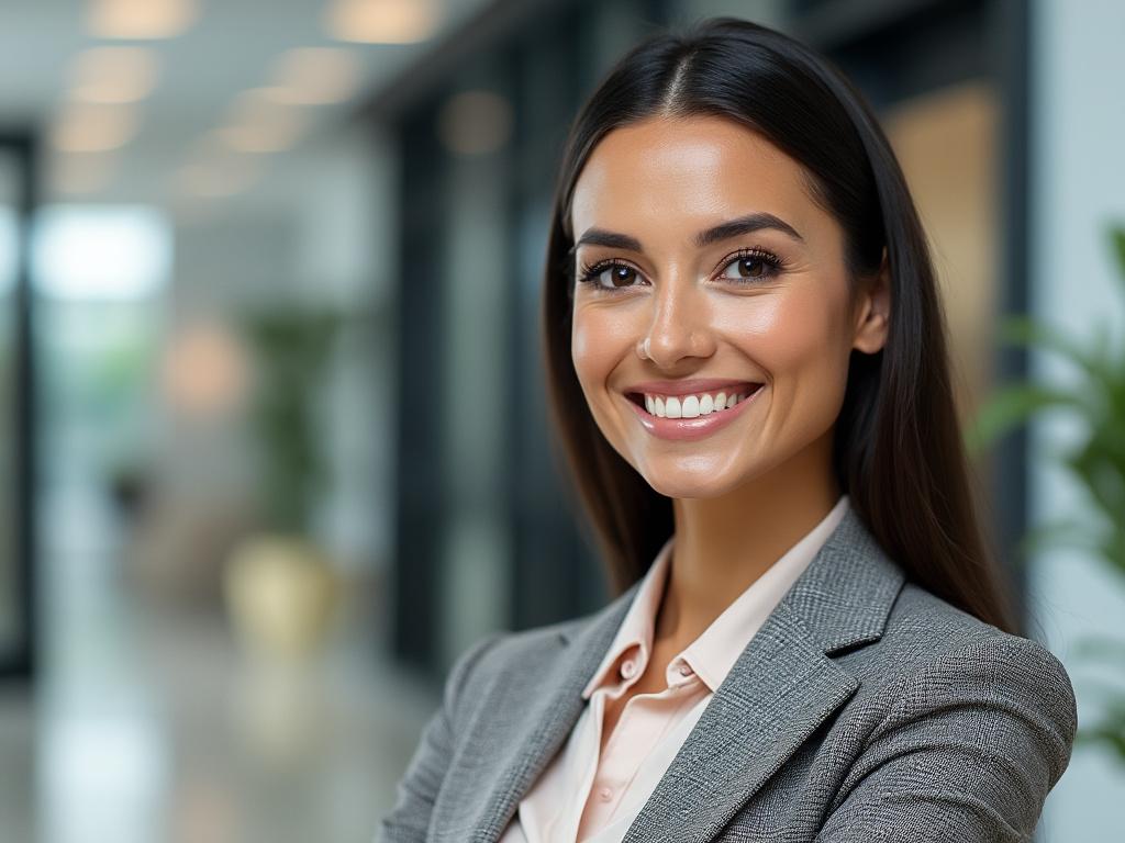 Smiling woman in a professional gray suit standing in a modern office hallway.