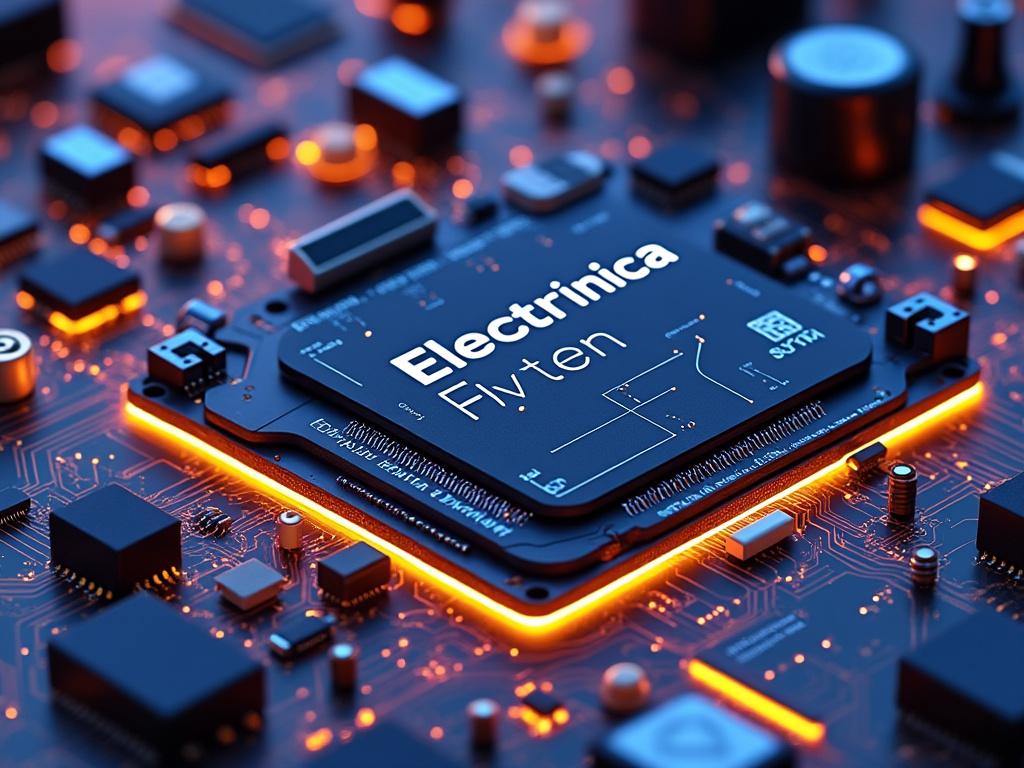 Primer plano de una placa electrónica con un microchip centralizado iluminado, mostrando detalles de circuitos y componentes alrededor.