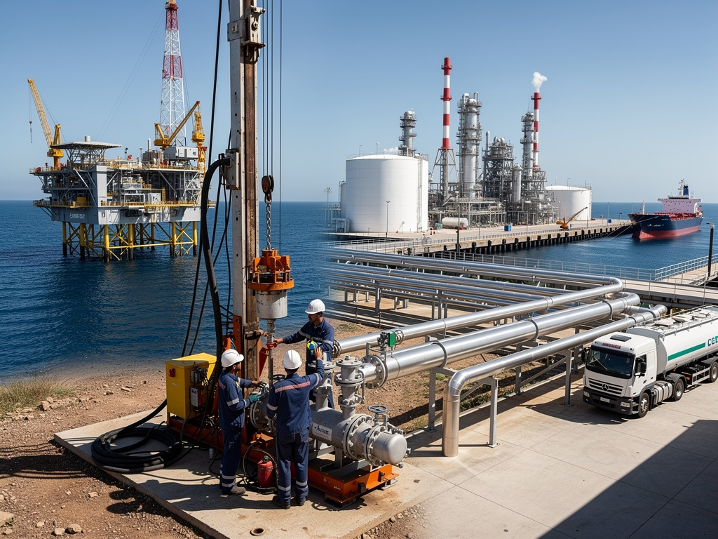 Trabajadores en planta de petróleo y gas con tuberías, plataforma marina, refinería costera y buque cisterna
