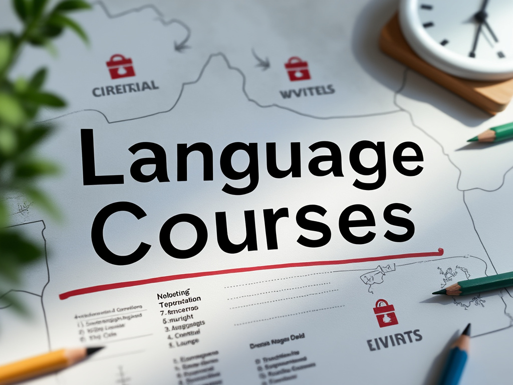 Imagen de un documento con el texto 'Language Courses', rodeado de lápices de colores, un reloj y diagramas.