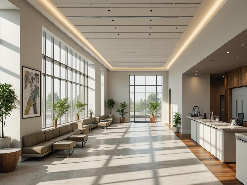 Modern lobby with large windows, natural light, green plants, artwork, and comfortable seating. Modern lobby with large windows, natural light, green plants, artwork, and comfortable seating.