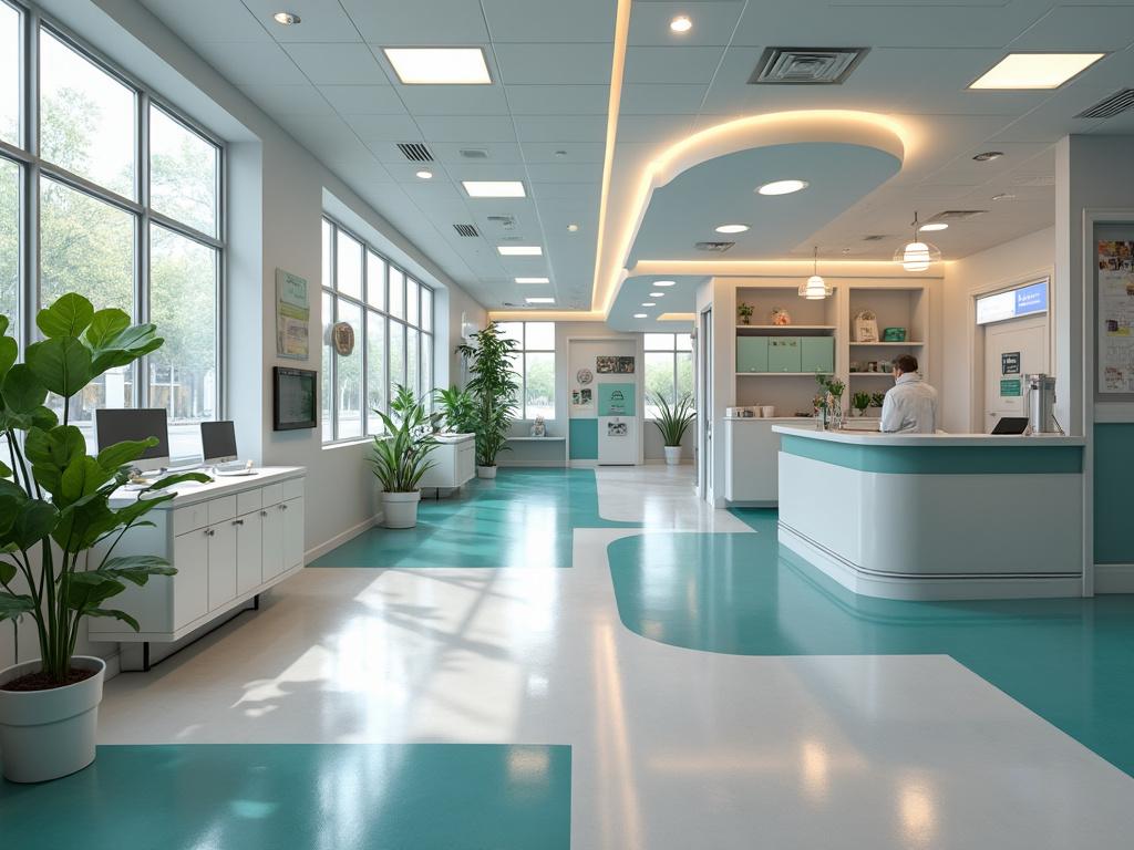 Recepción moderna de clínica médica con decoración en tonos turquesa y blanco, plantas decorativas y luz natural entrando por grandes ventanales.
