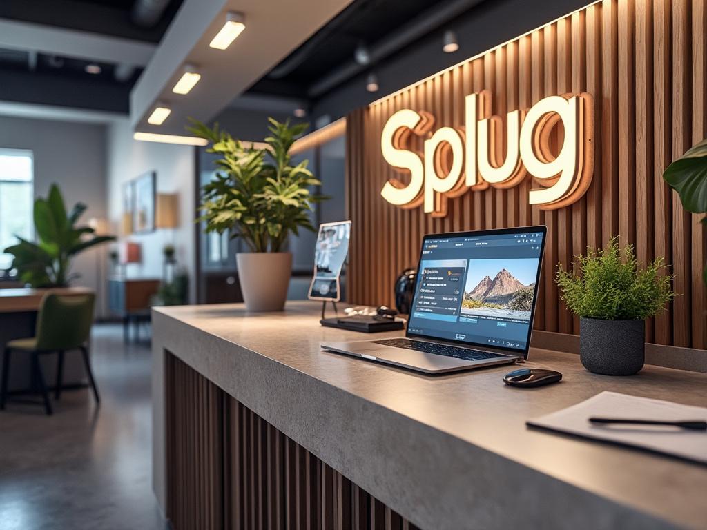 Modern office reception desk with laptop, potted plants, and 'Splug' sign on wooden wall background.