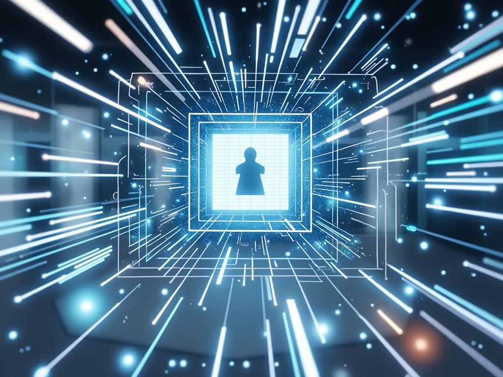 Representación digital de una figura humana en un entorno futurista con líneas de luz azul.