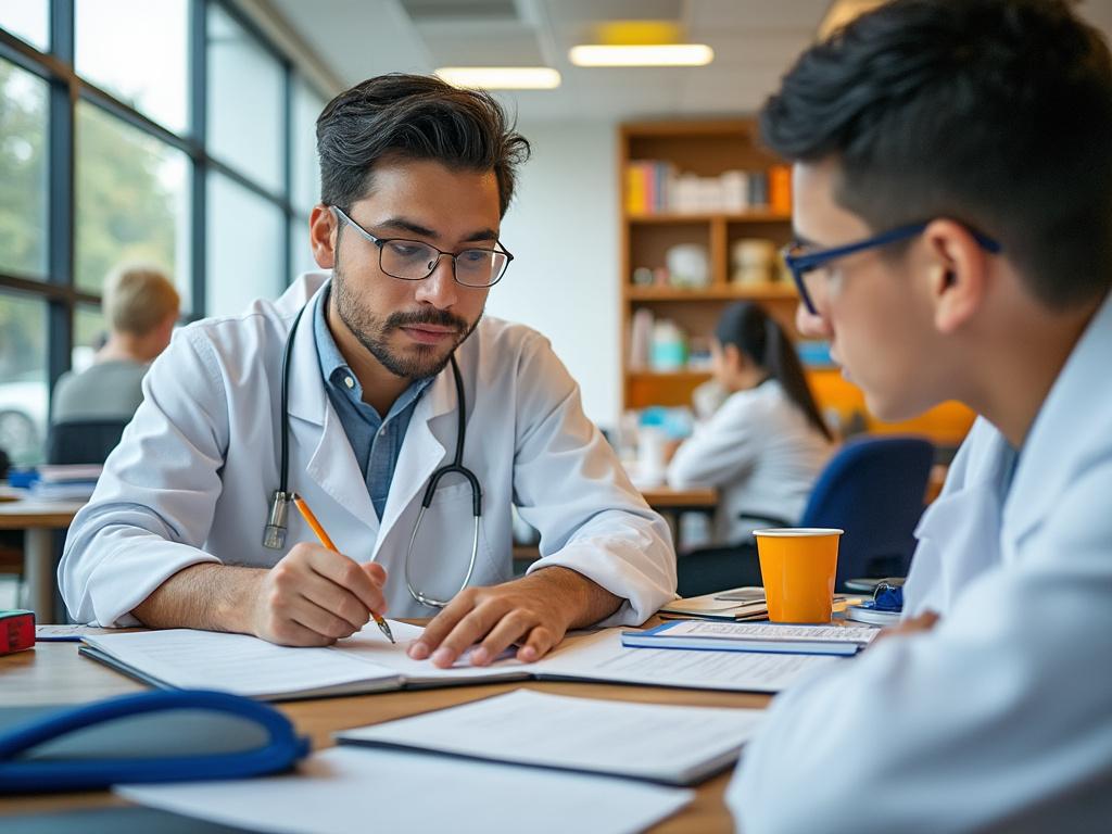 Dos médicos con batas blancas discutiendo documentos en una sala de reuniones, con una ventana grande y estanterías al fondo.