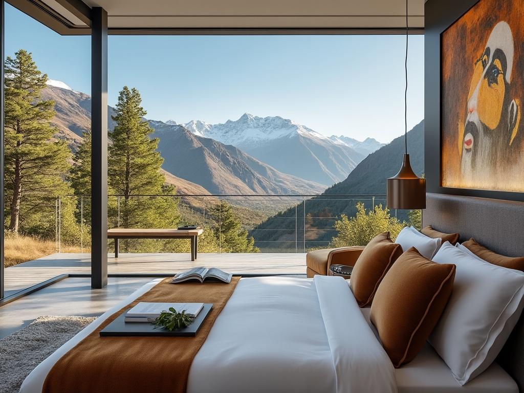 Habitación moderna con vista a montañas nevadas, decoración elegante y grandes ventanales.