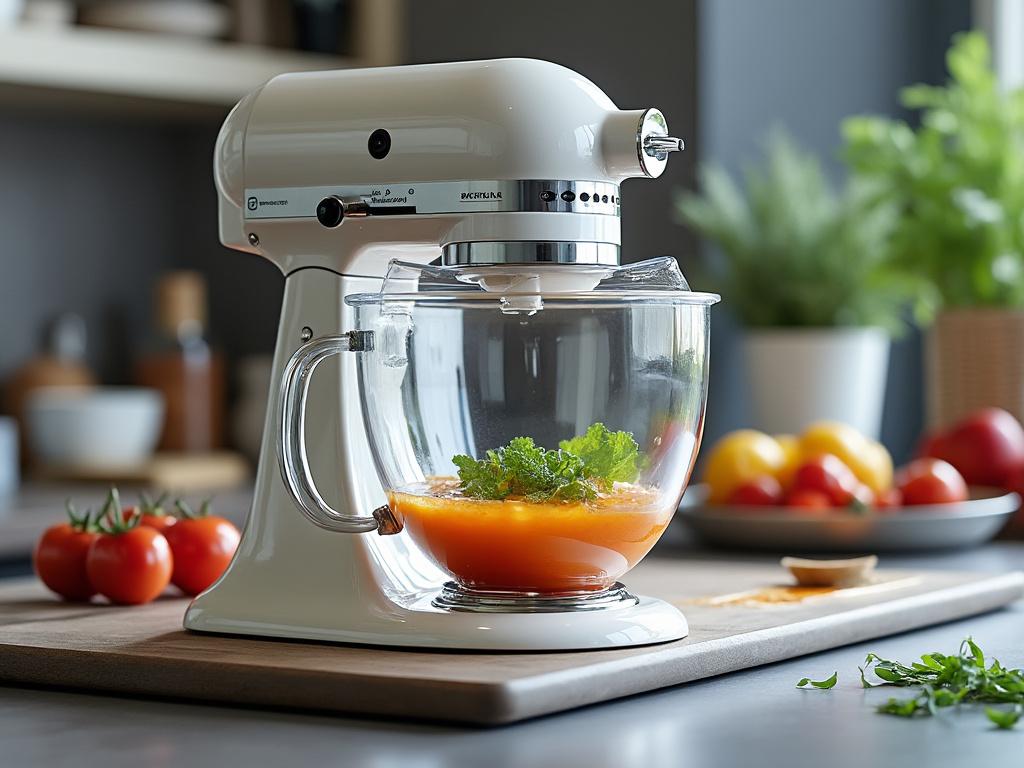 Batidora de pie blanca con tazón de vidrio, mezclando salsa de tomate y hierbas en una cocina, con tomates frescos y verduras de fondo.