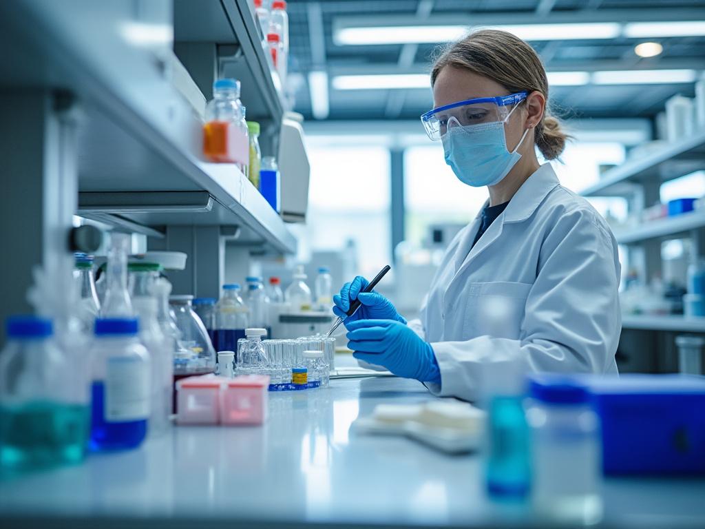 Científica trabajando en un laboratorio con equipo de protección personal, rodeada de frascos y herramientas de investigación.