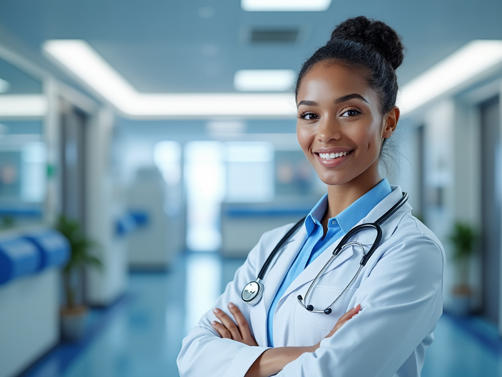 Doctora joven sonriendo con estetoscopio en hospital moderno.