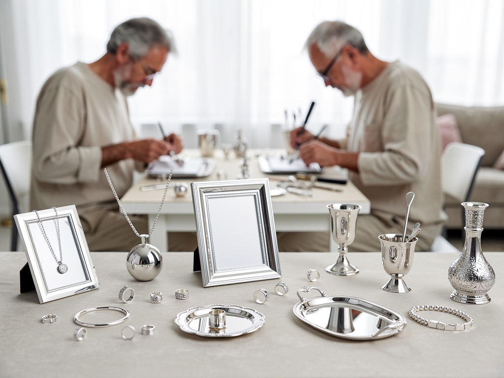 Artesanos mayores trabajando con joyería y objetos de plata fina en taller luminoso