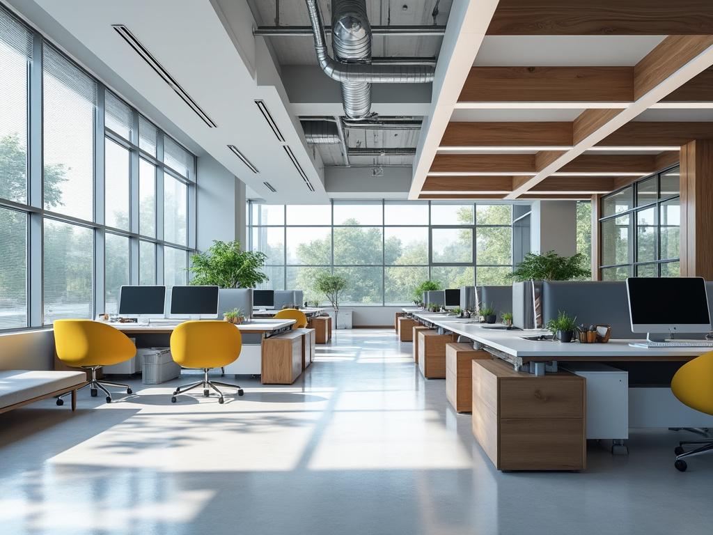 Moderno espacio de oficina con escritorios blancos, sillas amarillas y grandes ventanas, rodeado de plantas verdes.