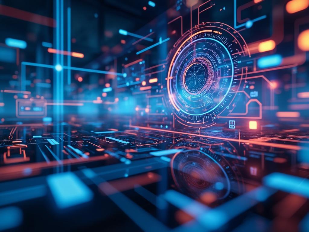 Imagen de un fondo digital futurista con luces azules y naranjas que forman circuitos y un círculo tecnológico en el centro.