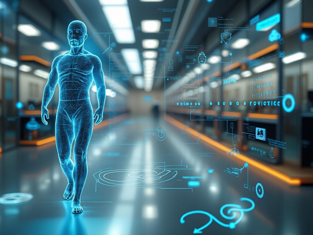 Holograma de cuerpo humano con datos digitales en entorno de laboratorio tech futurista.
