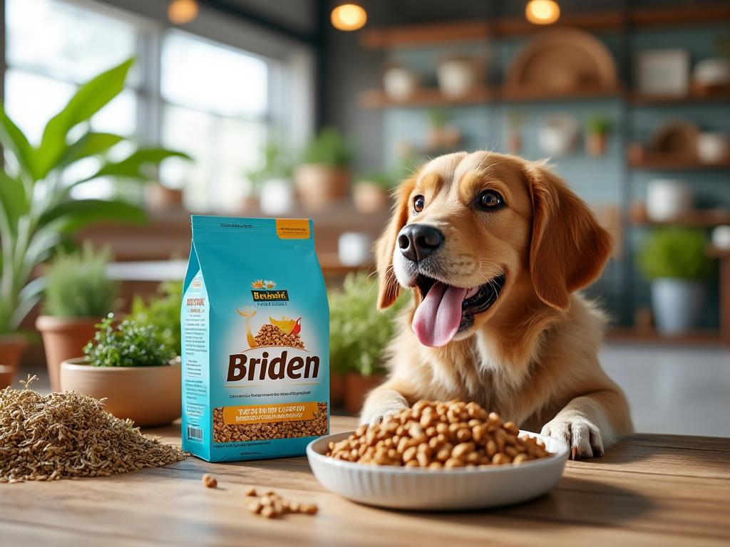 Perro feliz junto a un plato de comida y bolsa de croquetas en una cocina con plantas.