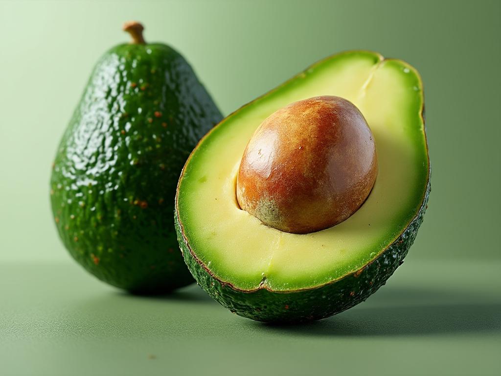 Aguacate entero y cortado sobre fondo verde.