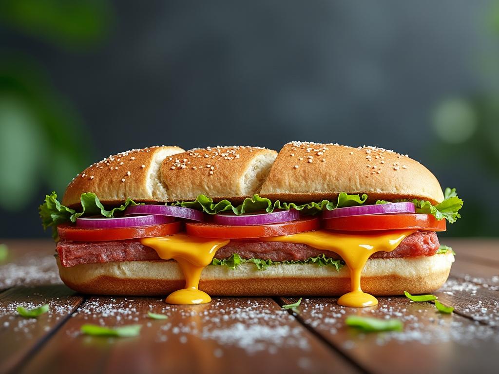 Sándwich con lechuga, tomate, cebolla roja y queso cheddar derretido en pan con semillas.