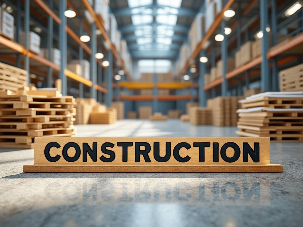 Almacén de construcción con estantes llenos de materiales y letrero de madera que dice 'CONSTRUCTION' en primer plano.
