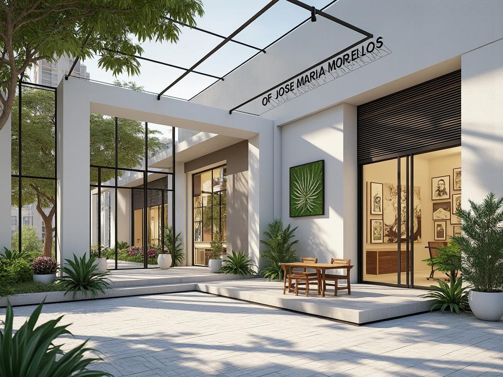 Patio moderno con plantas, muebles de madera y entrada a galería de arte.