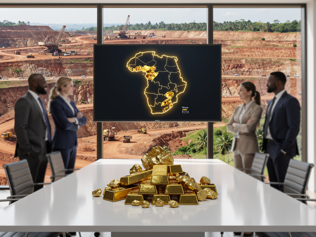 Business executives discussing African gold mining investment with gold bars and open-pit mine in background