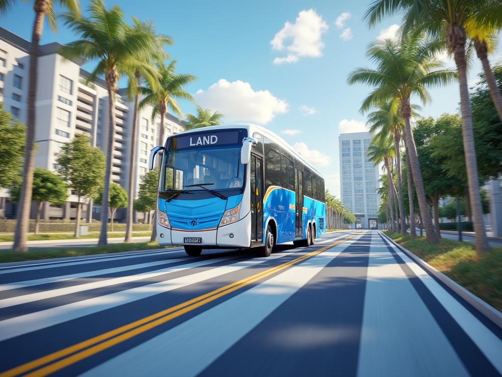 Autobús azul en movimiento por avenida rodeada de palmeras y edificios modernos en un día soleado.