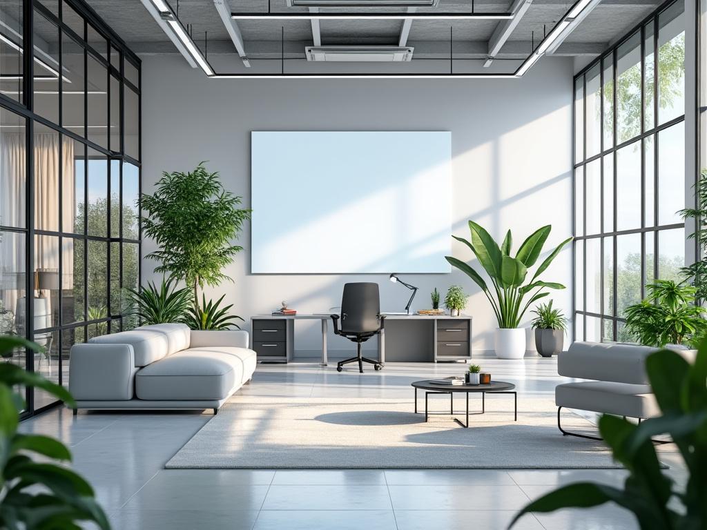 Oficina moderna con grandes ventanas, plantas decorativas, sofá blanco y escritorio con silla ergonómica.