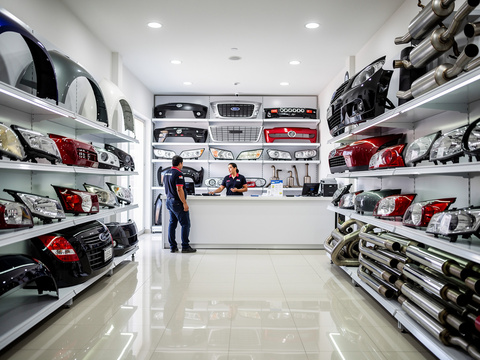 Tienda de repuestos de automóviles con faros, parachoques, tubos de escape y mostrador de atención