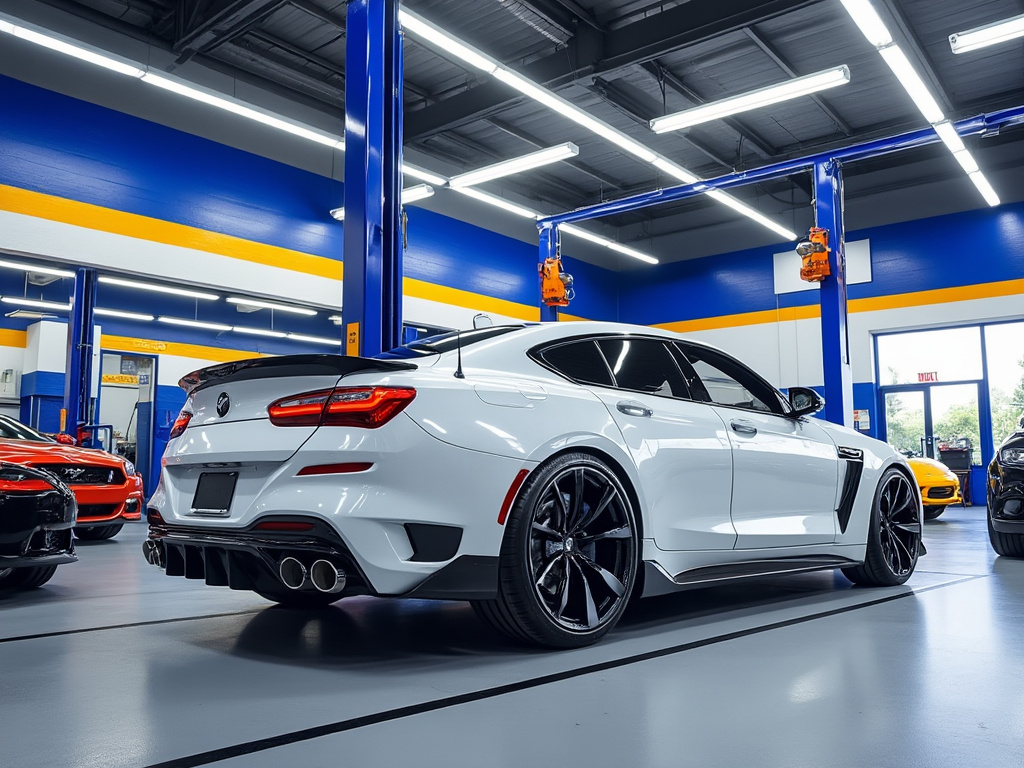 Coche deportivo blanco en un taller automotriz con iluminación brillante y otros vehículos en el fondo.