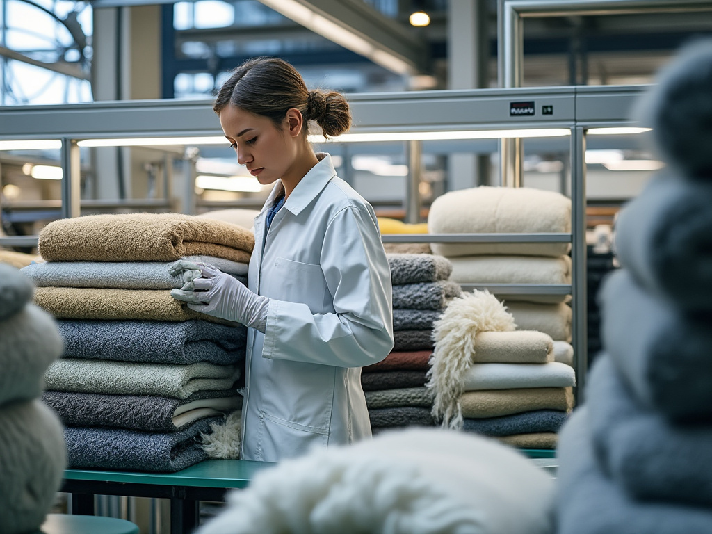 Técnica de control de calidad inspeccionando muestras de telas y toallas apiladas en una fábrica textil moderna