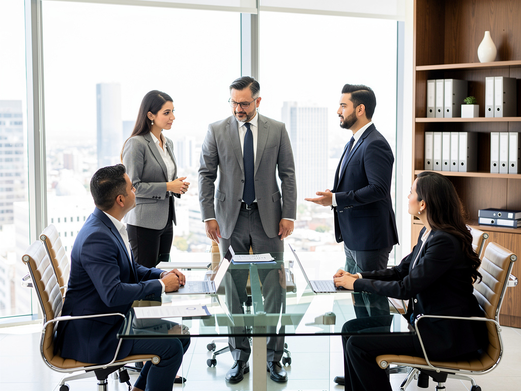 Equipo de negocios en reunión ejecutiva en oficina moderna con mesa de cristal y vista urbana