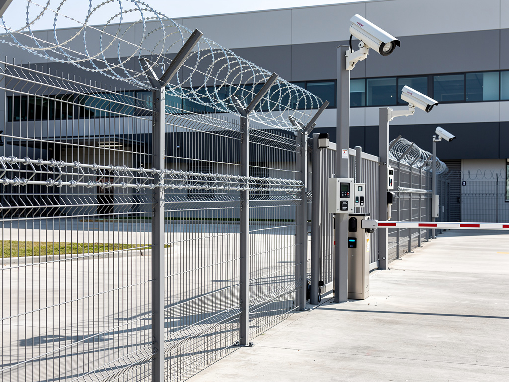 Cerca de seguridad con alambre de púas, cámaras de vigilancia y barrera de acceso en edificio industrial