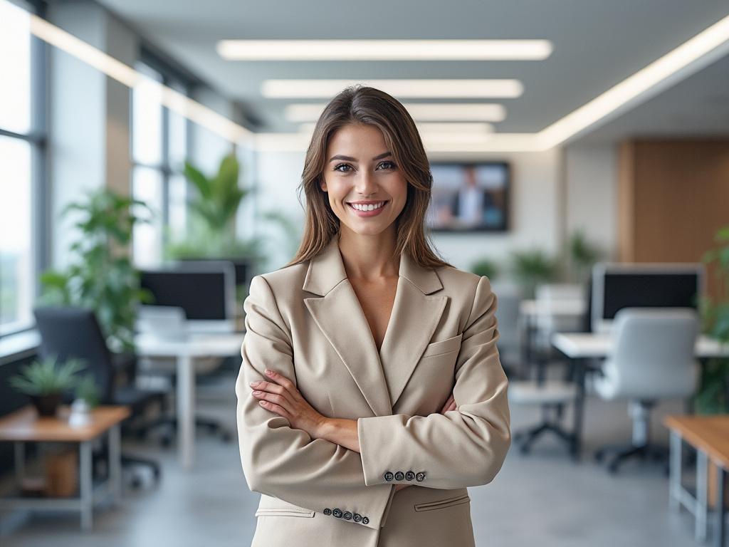 Mujer sonriente de pie en una moderna oficina con brazos cruzados, plantas y escritorios al fondo. Mujer sonriente de pie en una moderna oficina con brazos cruzados, plantas y escritorios al fondo.