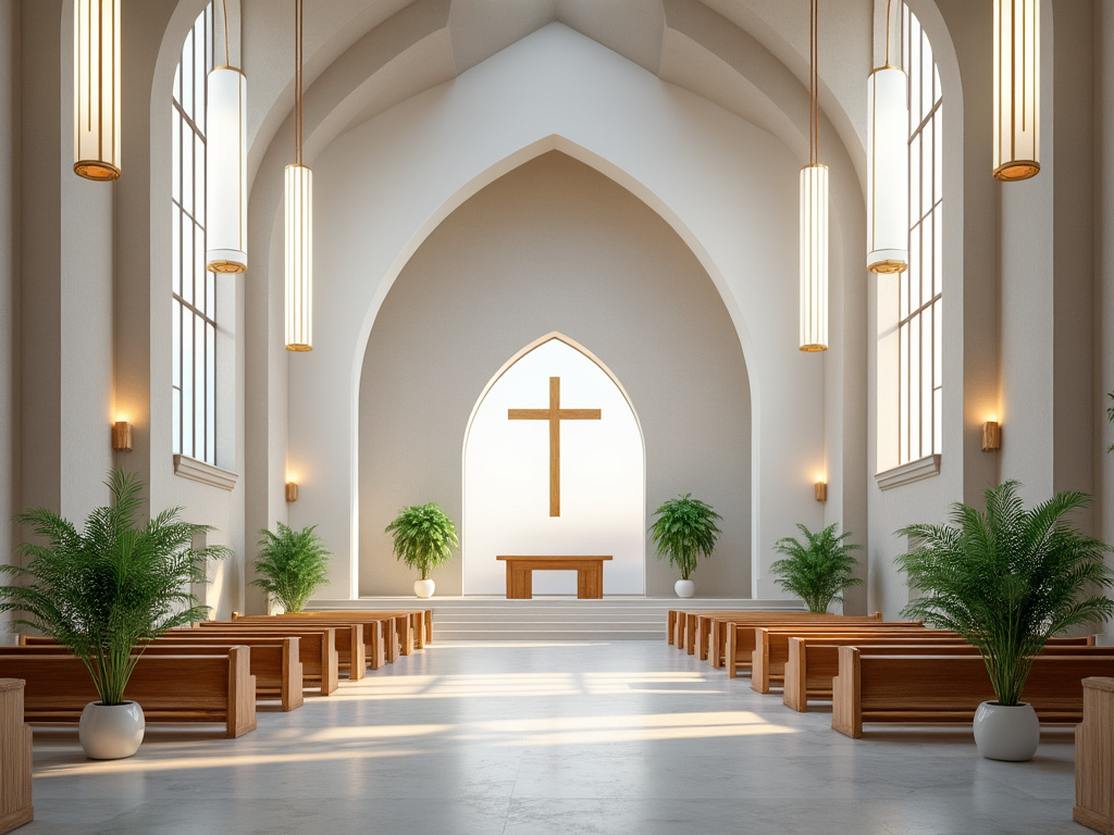 Interior de iglesia moderna con bancos de madera, cruz iluminada y plantas decorativas.