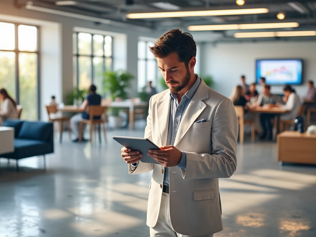 Hombre con traje claro usando tableta en oficina moderna, personas trabajando de fondo.