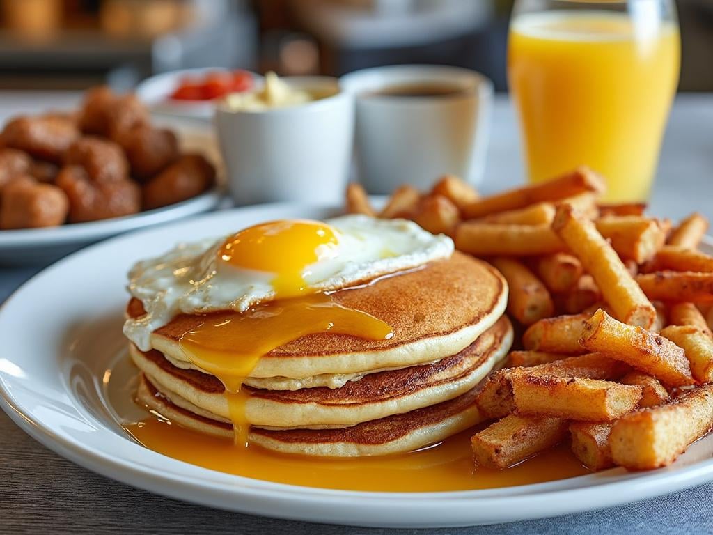 A breakfast plate with fluffy pancakes topped with a fried egg and syrup, crispy fries, a glass of orange juice, and coffee.