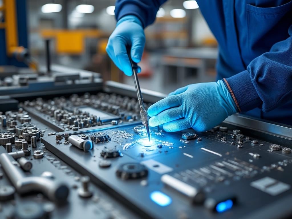Técnico en fábrica trabajando en el ensamblaje de circuitos electrónicos con herramientas especializadas, usando guantes azules. Técnico en fábrica trabajando en el ensamblaje de circuitos electrónicos con herramientas especializadas, usando guantes azules.