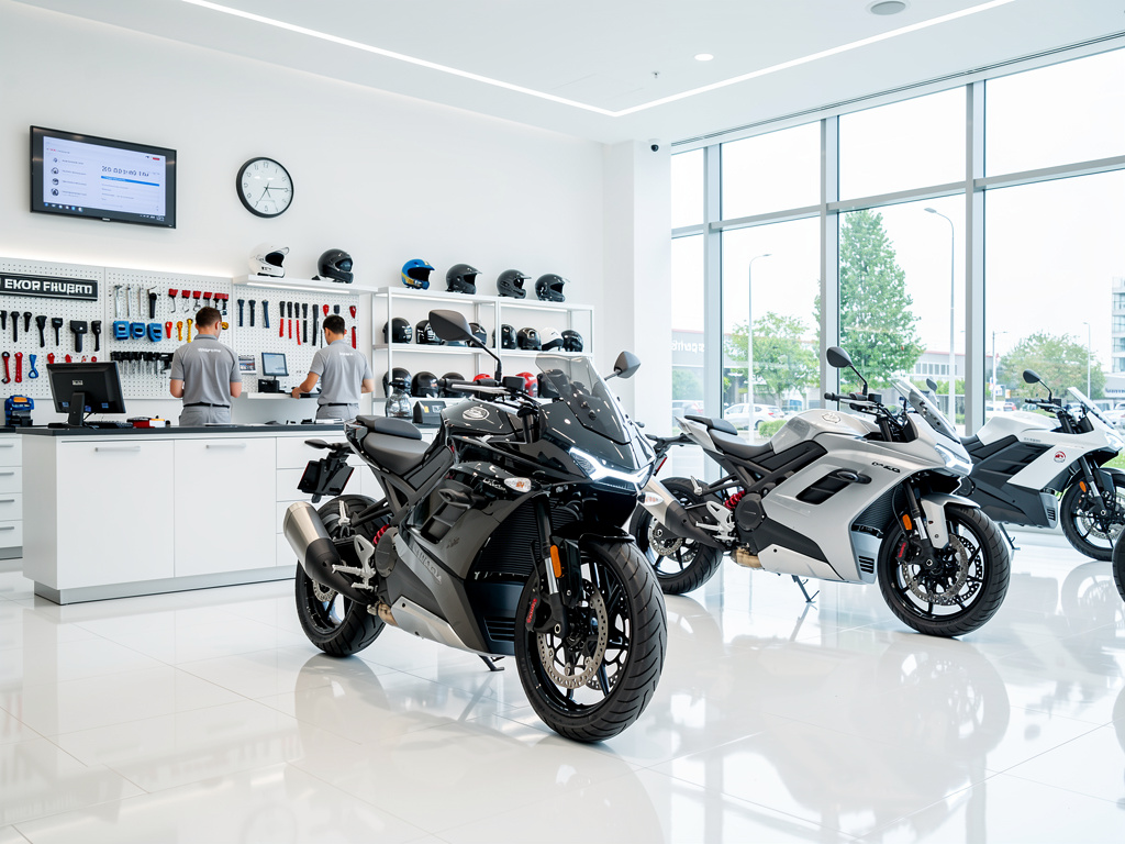 Concesionario moderno de motocicletas eléctricas con motos deportivas en exhibición, accesorios y cascos en tienda luminosa Concesionario moderno de motocicletas eléctricas con motos deportivas en exhibición, accesorios y cascos en tienda luminosa