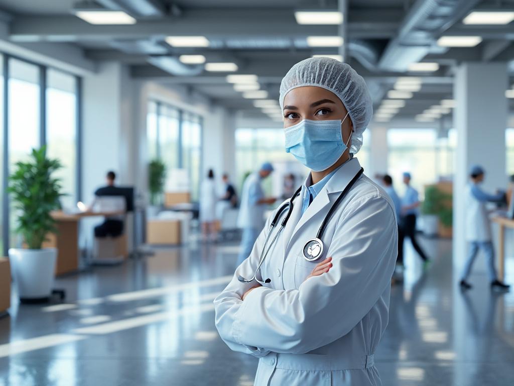 Médico con mascarilla y gorro quirúrgico en un hospital moderno, rodeado de personal de salud.