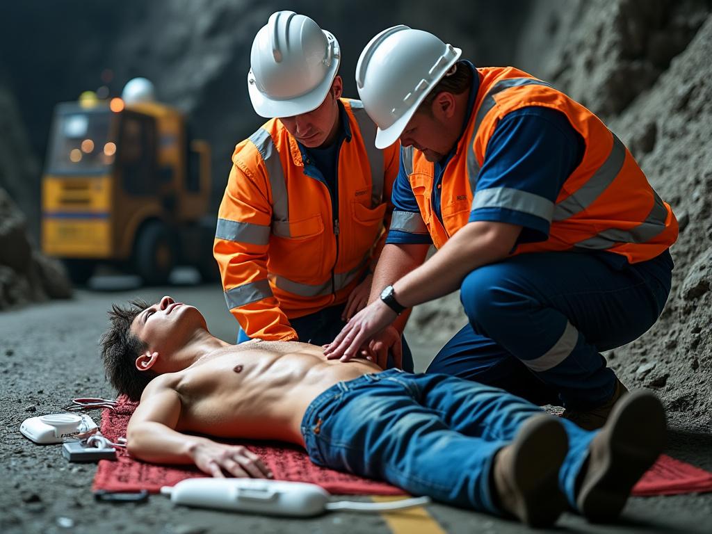 Paramedics performing CPR on an unconscious man at a construction site, wearing safety gear and helmets.
