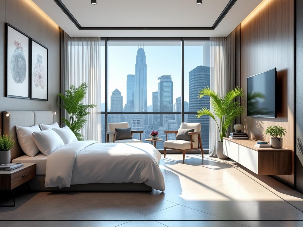 Dormitorio moderno con cama blanca, grandes ventanales con vista a la ciudad, plantas decorativas y televisión de pantalla plana.