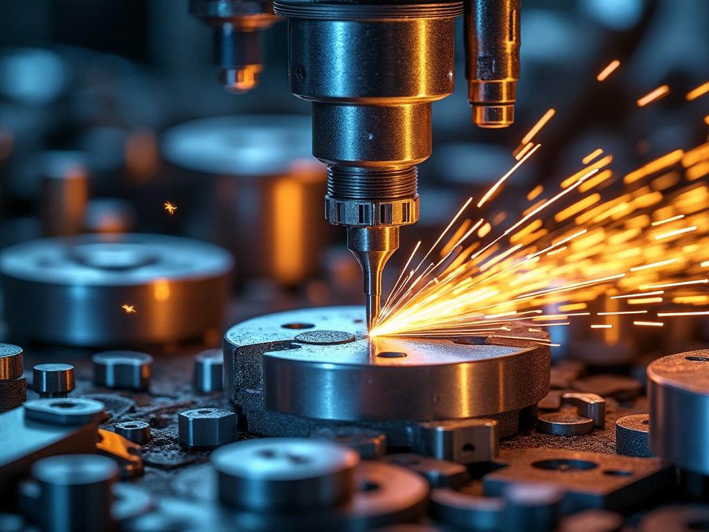 Máquina CNC en funcionamiento con chispas volando, mostrando un proceso de mecanizado de precisión.