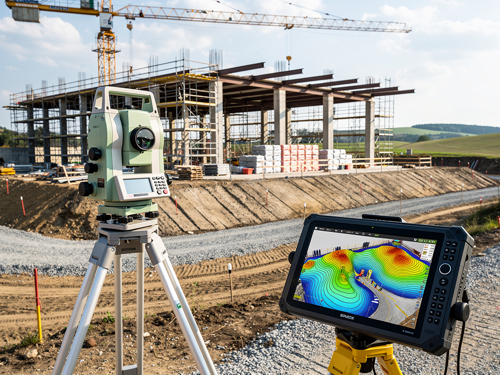 Equipo de topografía con estación total y pantalla 3D en obra de construcción con grúa y estructura de hormigón